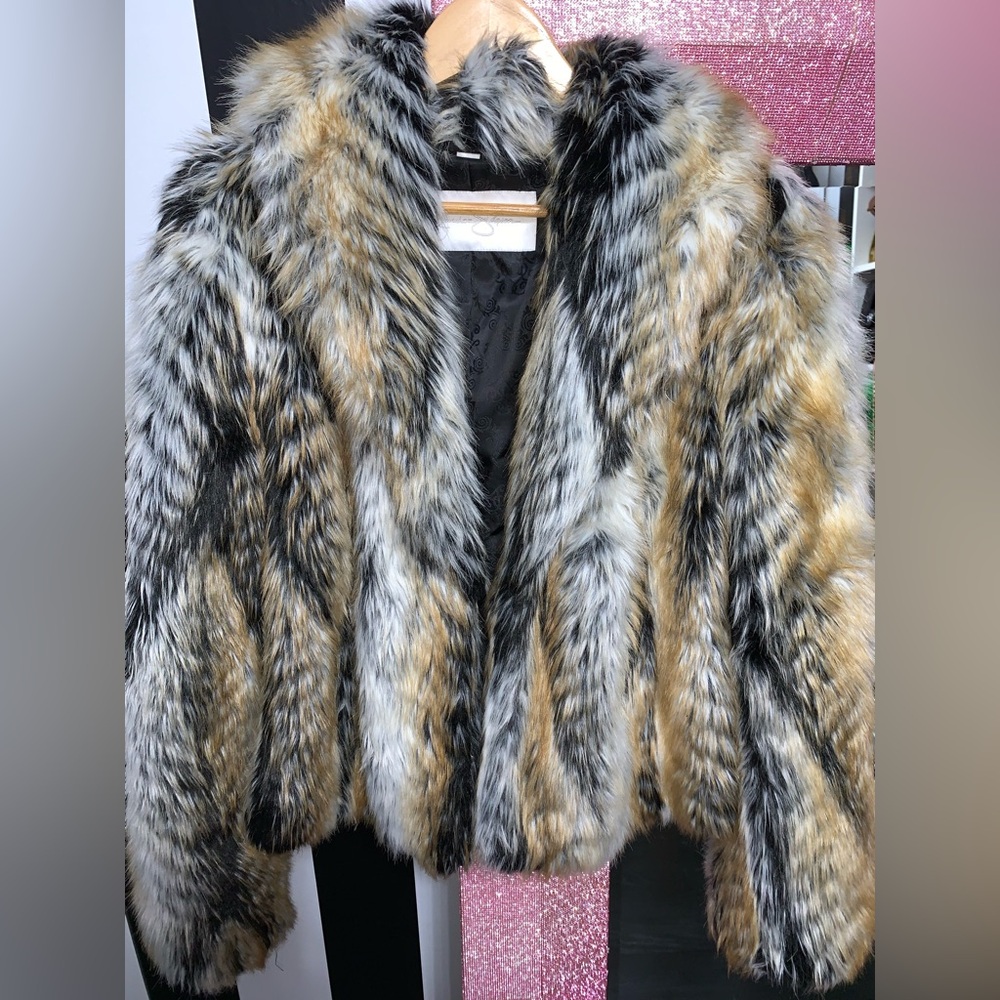 Jessica Simpson Black and Gray Luxurious Faux Fur Coat